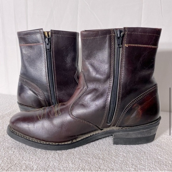 Vintage Burgundy Leather Western Style Round Toe Ankle Boots 7.5 - Picture 8 of 15